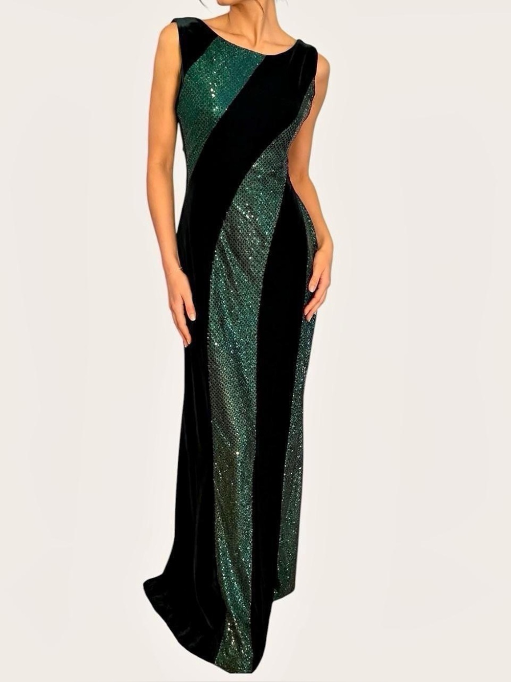 Vintage 90s Morgan & Co Emerald Green Sequin Maxi Dress 9/10